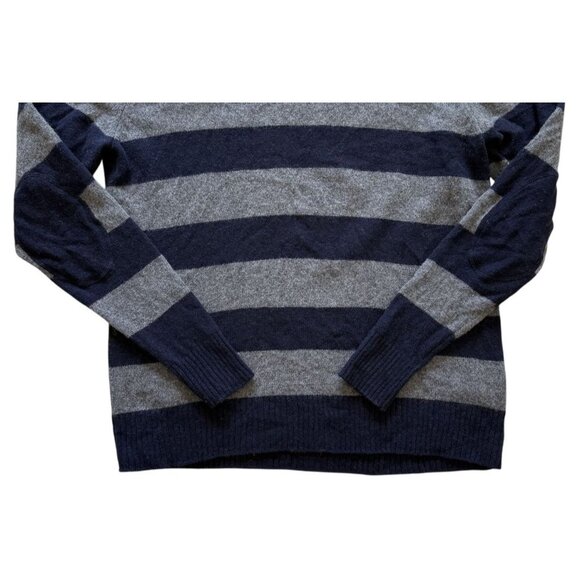 Joe Fresh Mens Lambswool 80% Blue Gray Striped Sweater XL Elbow Patches Preppy - Picture 3 of 7
